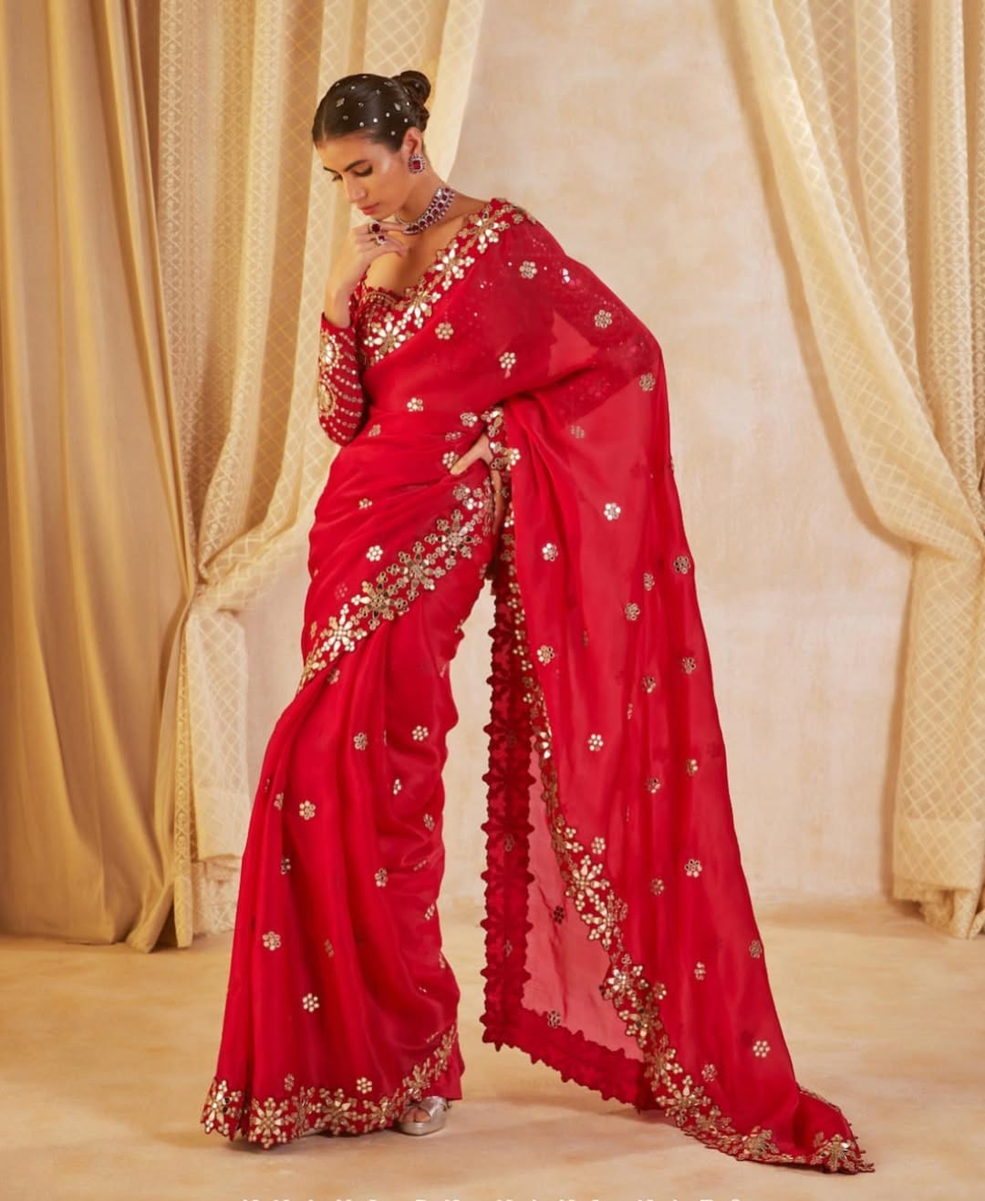 Mirror Work Saree With Stitched Blouse -Red