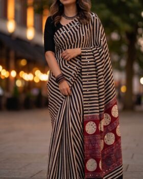 Maroon Red & Black Ajrakh Print Mirror Work Semi Modal Saree