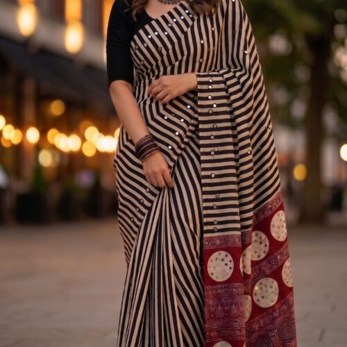 Maroon Red & Black Ajrakh Print Mirror Work Semi Modal Saree