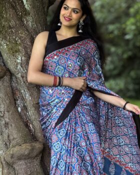 Blue & Black Ajrakh Print Mirror Work Semi Modal Saree