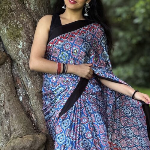 Blue & Black Ajrakh Print Mirror Work Semi Modal Saree